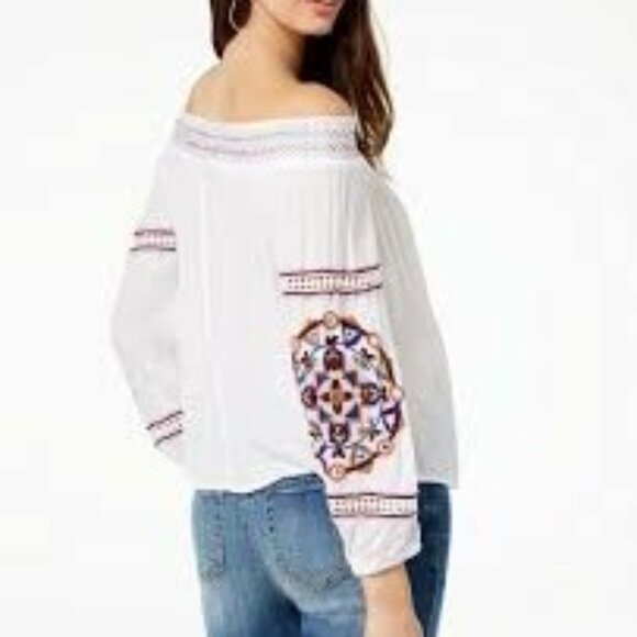 INC Women Blouse Plus Size 1X Off Shoulder White Embroidered Tribal Peasant Boho - Picture 2 of 11